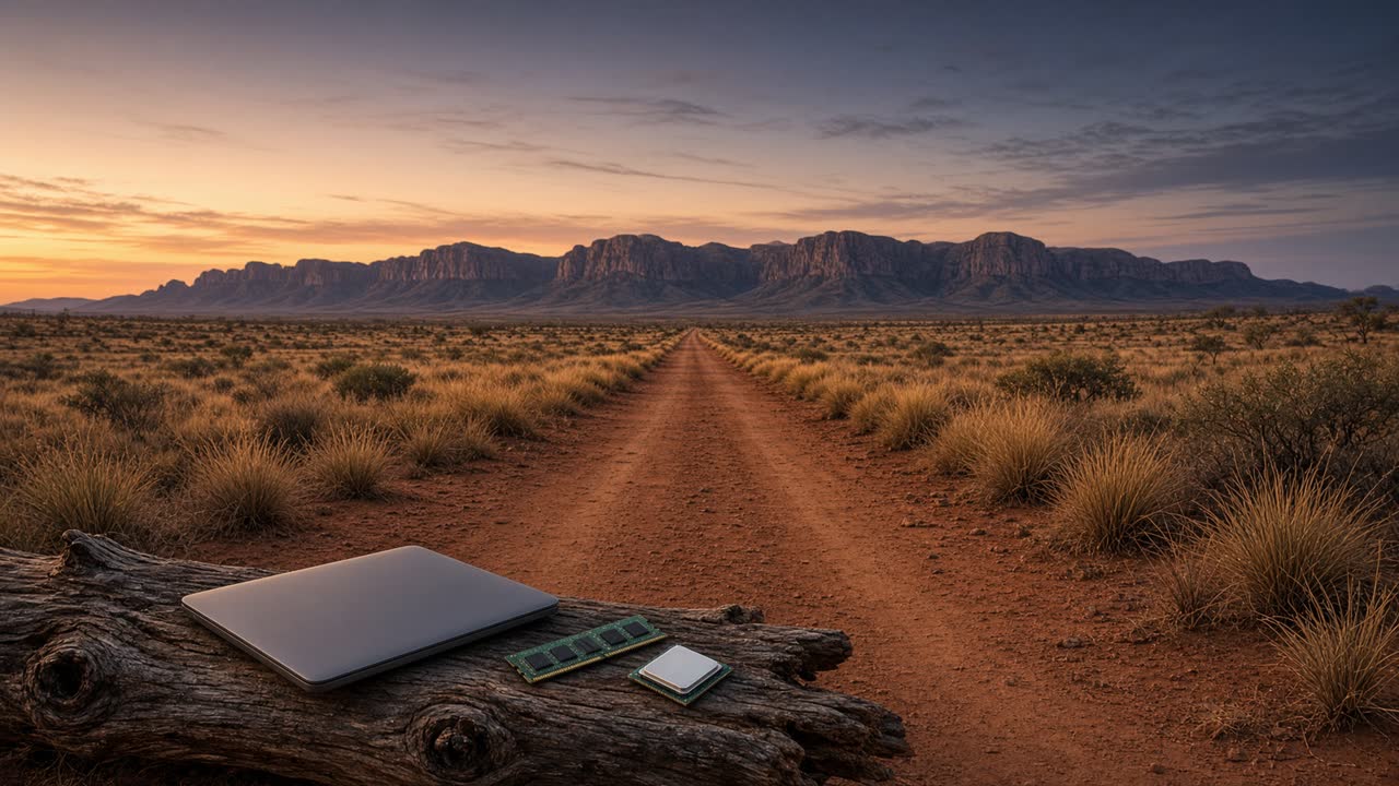 A straight ochre path at dusk through Western Australian country, with a laptop on a log in the foreground.